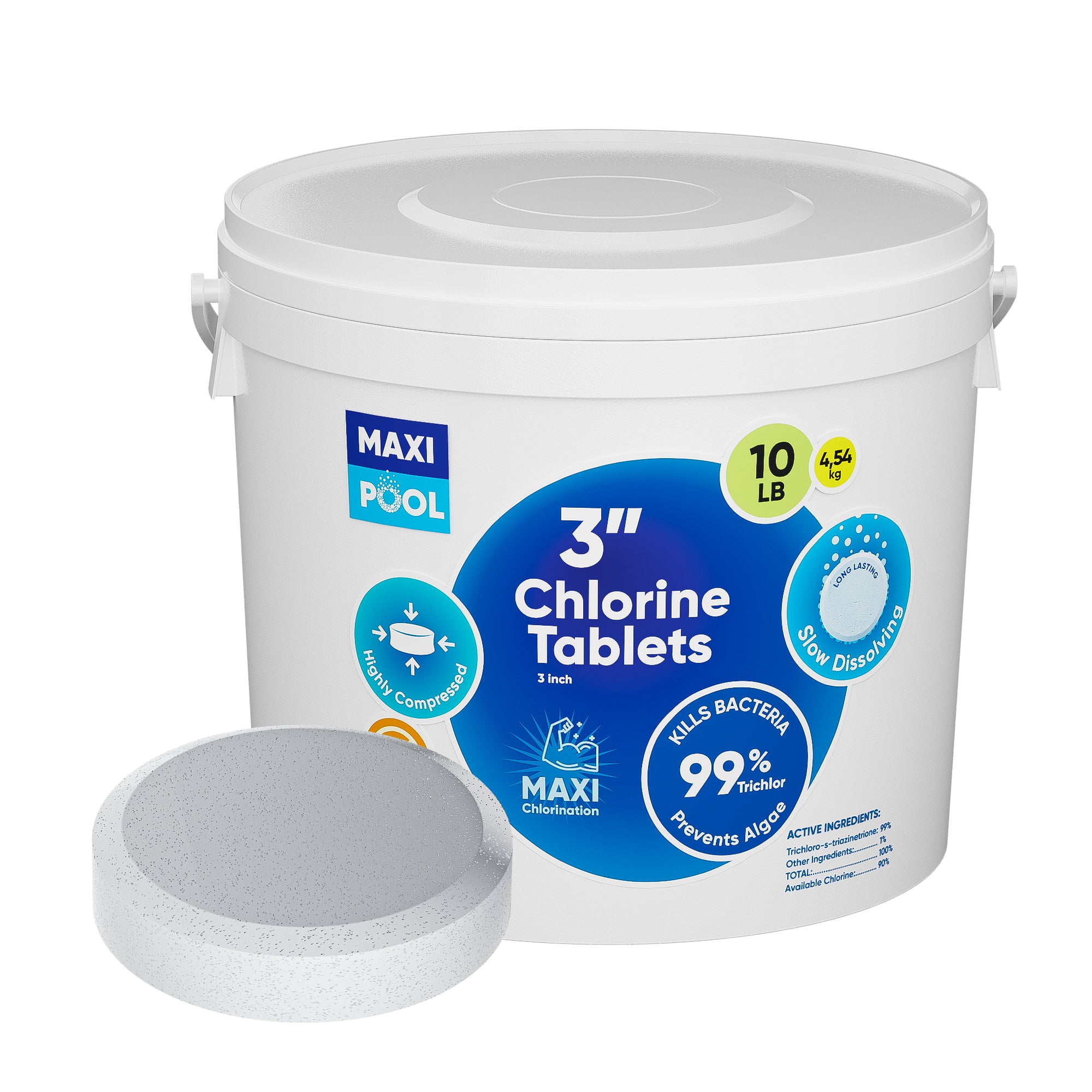 MAXI-POOL 3 inch Advanced Stabilized Chlorine Tablets, Long Lasting, Slow Dissolving tabs for Swimming Pools 5-25 LBS Bucket