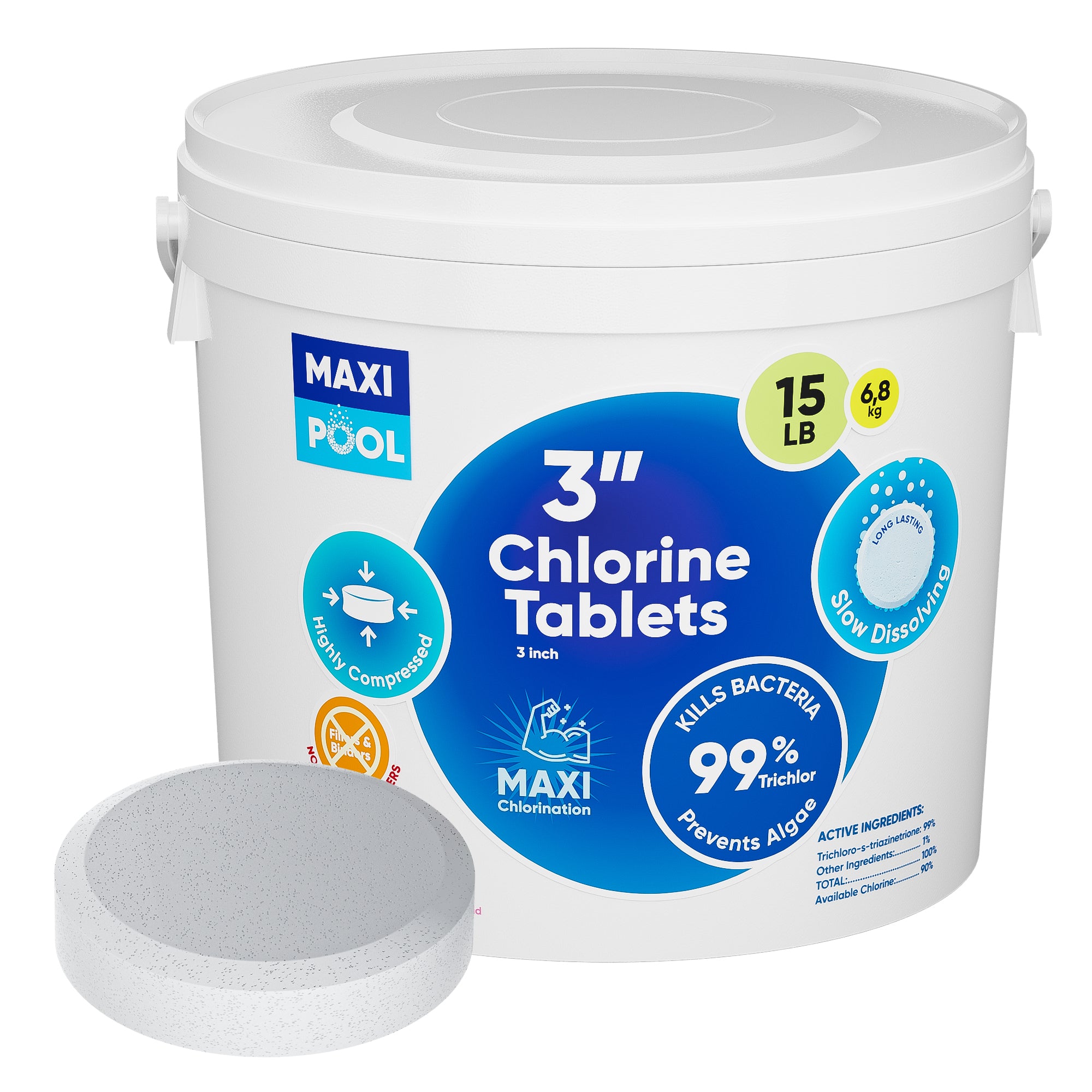 MAXI-POOL 3 inch Advanced Stabilized Chlorine Tablets, Long Lasting, Slow Dissolving tabs for Swimming Pools 5-25 LBS Bucket