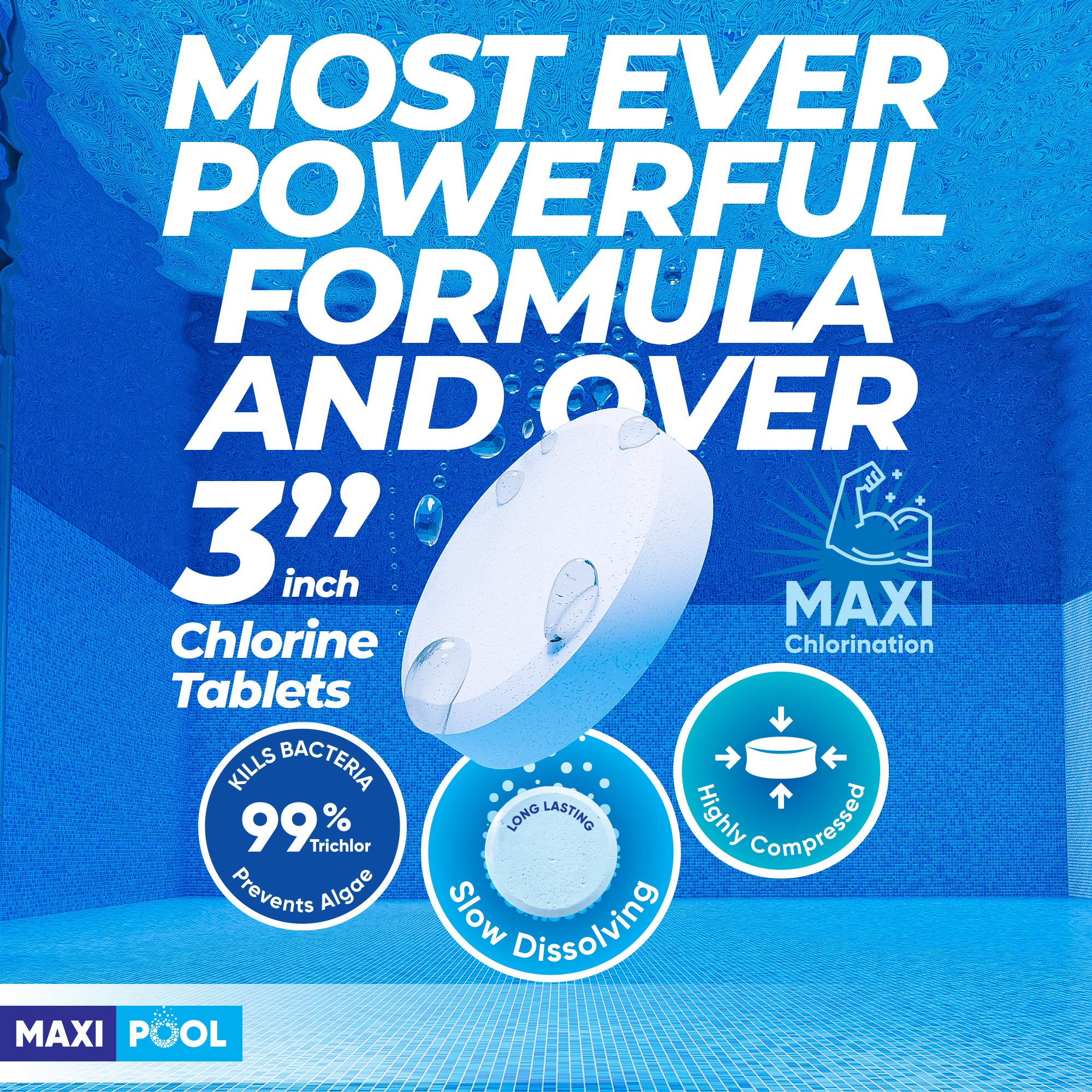 MAXI-POOL 3 inch Advanced Stabilized Chlorine Tablets, Long Lasting, Slow Dissolving tabs for Swimming Pools 5-25 LBS Bucket