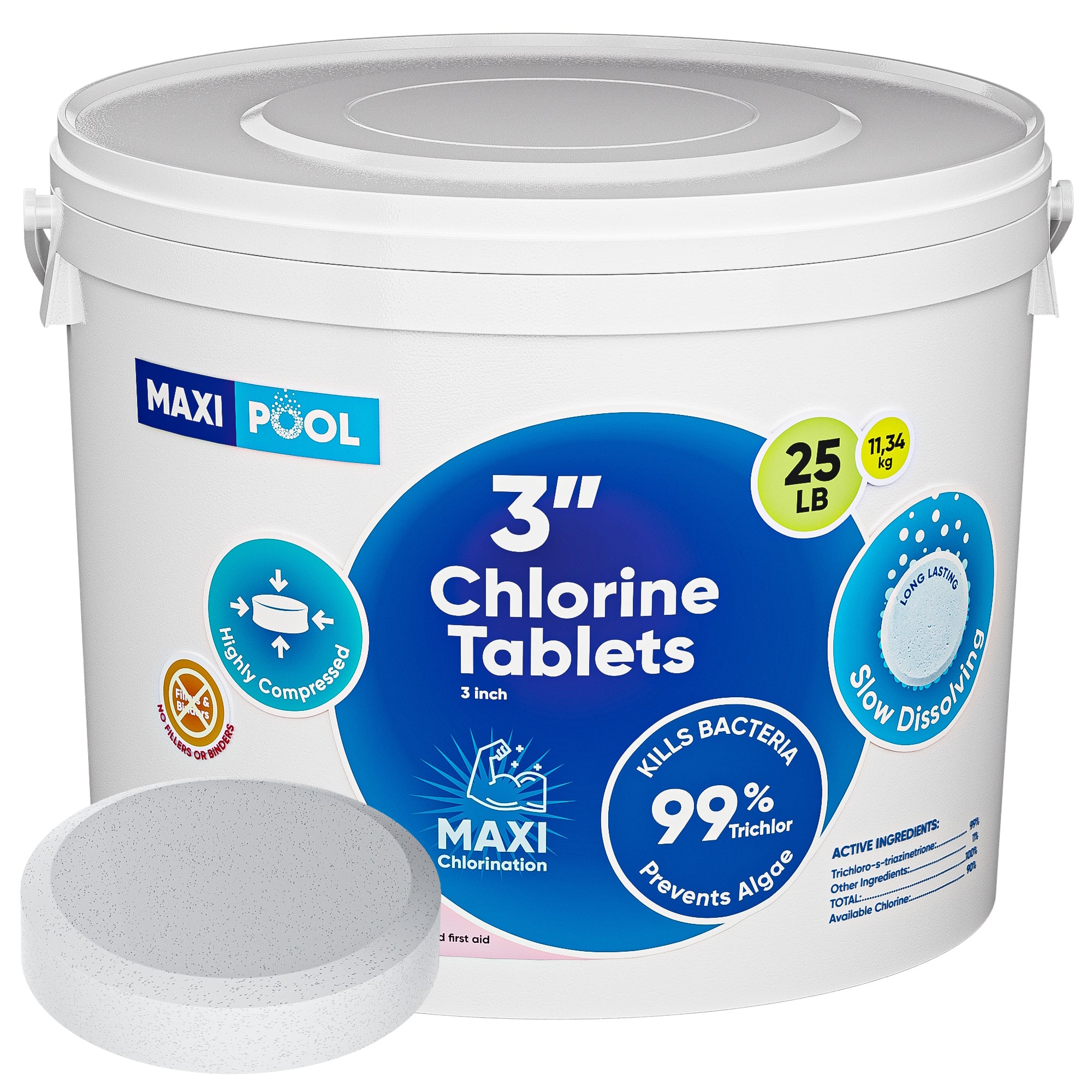 MAXI-POOL 3 inch Advanced Stabilized Chlorine Tablets, Long Lasting, Slow Dissolving tabs for Swimming Pools 5-25 LBS Bucket