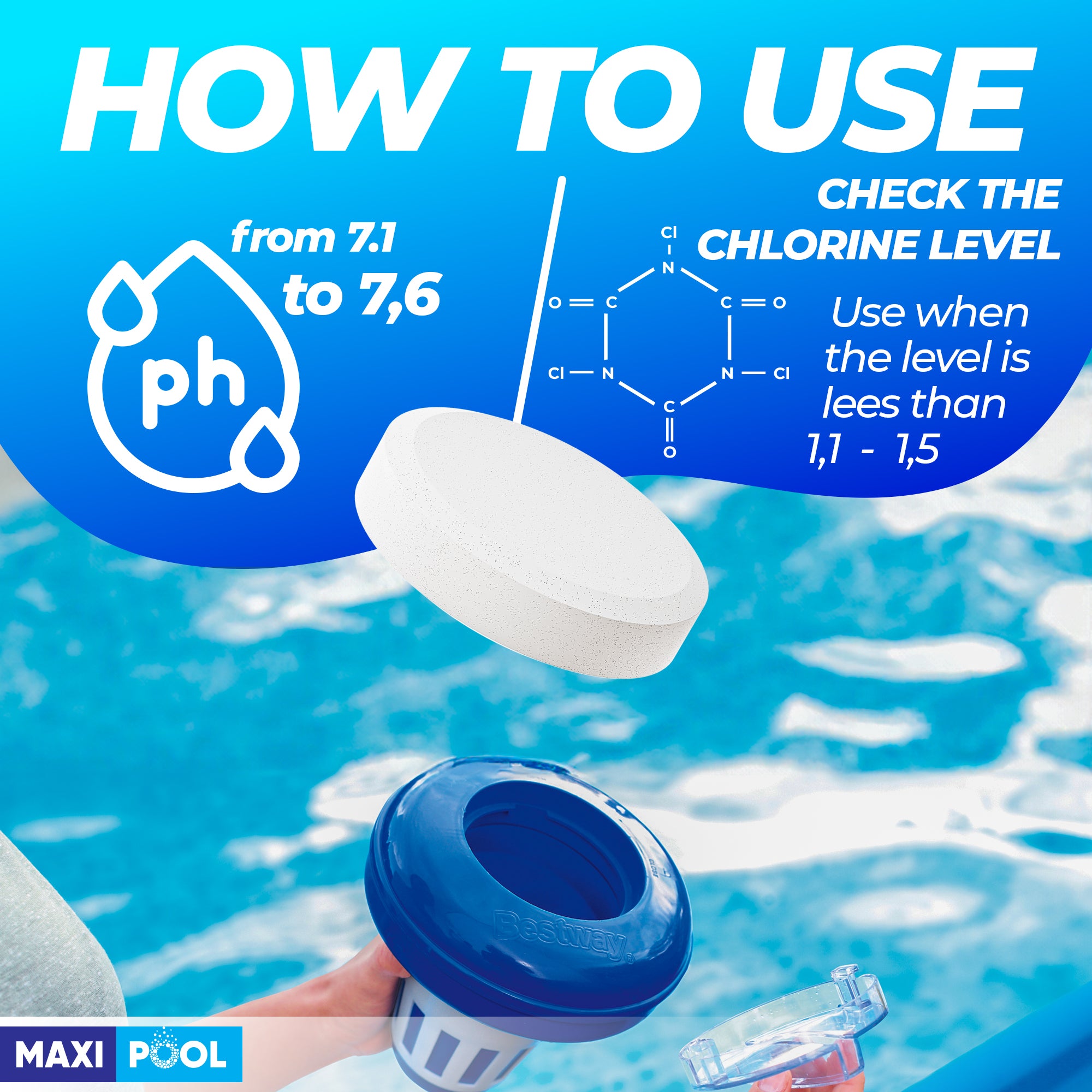 MAXI-POOL 3 inch Advanced Stabilized Chlorine Tablets, Long Lasting, Slow Dissolving tabs for Swimming Pools 5-25 LBS Bucket