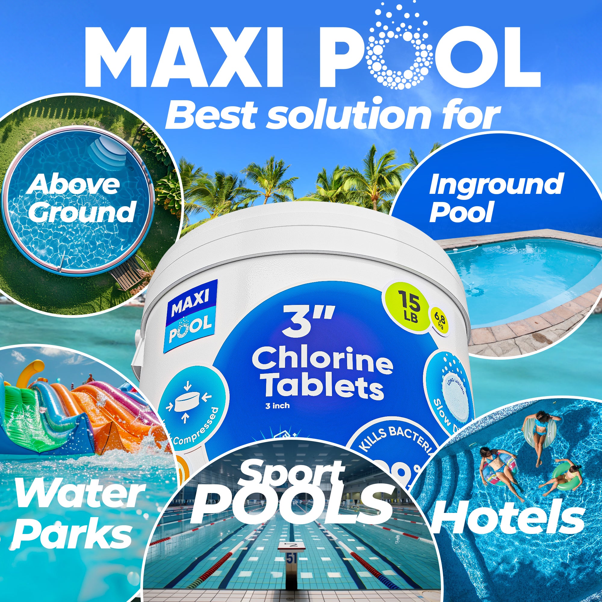 MAXI-POOL 3 inch Advanced Stabilized Chlorine Tablets, Long Lasting, Slow Dissolving tabs for Swimming Pools 5-25 LBS Bucket