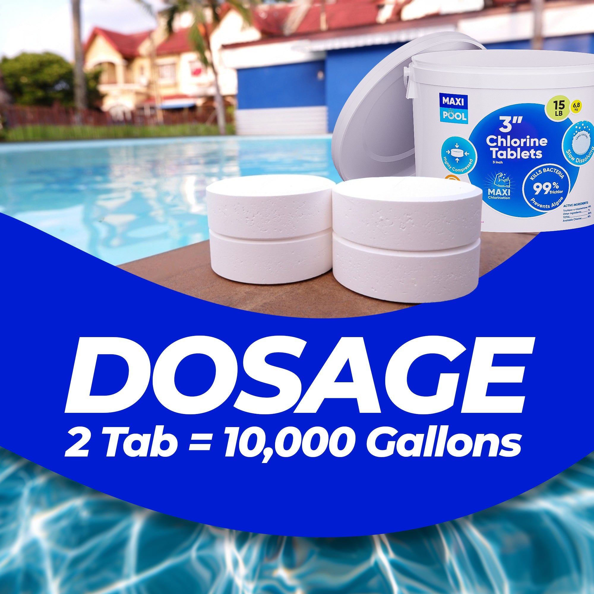 MAXI-POOL 3 inch Advanced Stabilized Chlorine Tablets, Long Lasting, Slow Dissolving tabs for Swimming Pools 5-25 LBS Bucket