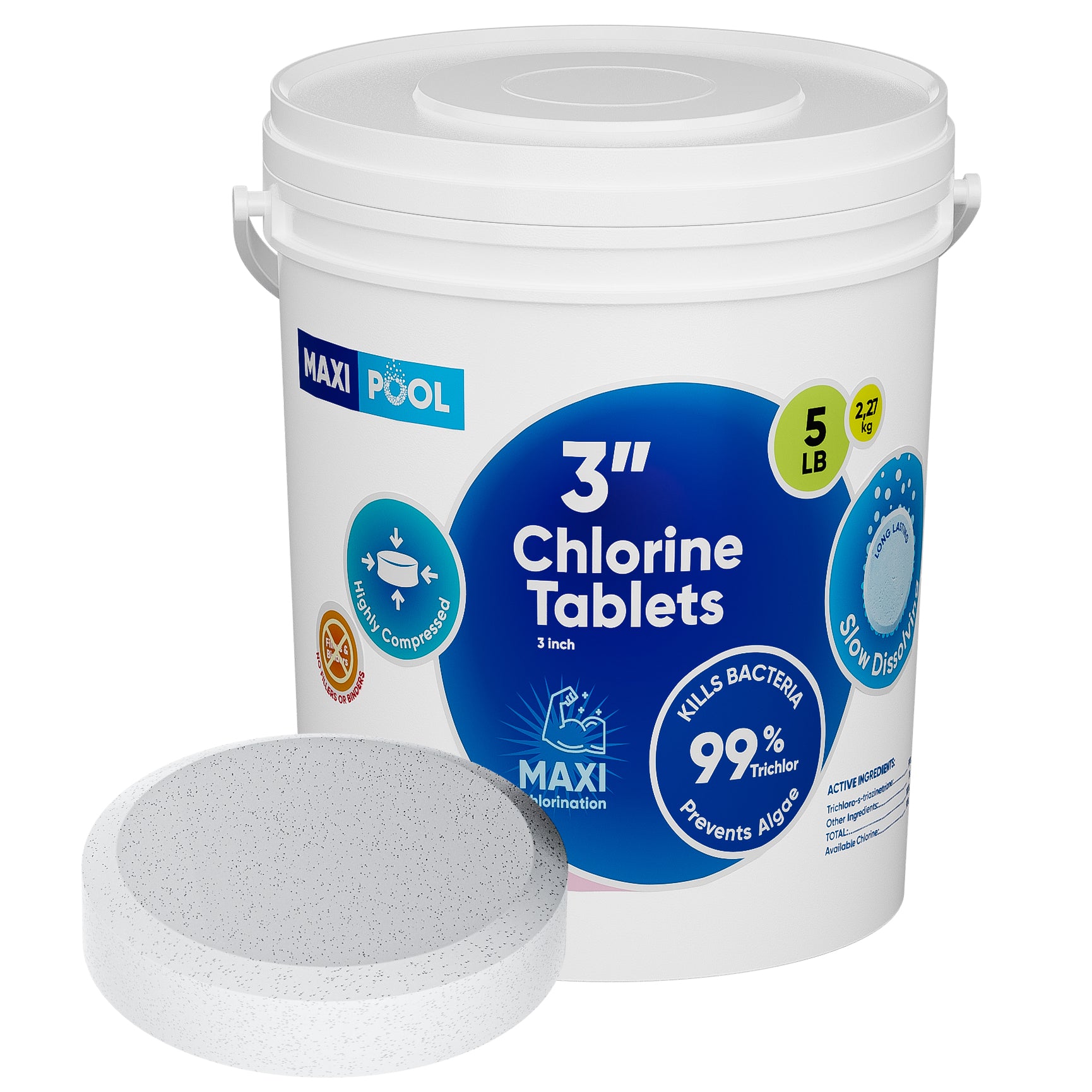 MAXI-POOL 3 inch Advanced Stabilized Chlorine Tablets, Long Lasting, Slow Dissolving tabs for Swimming Pools 5-25 LBS Bucket
